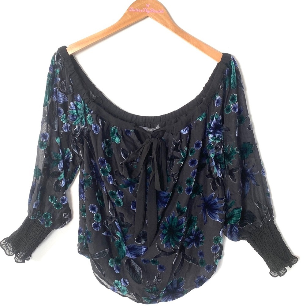Marty M Velour Floral Sheer Long sleeve Blouse, Size‎ S, NWT